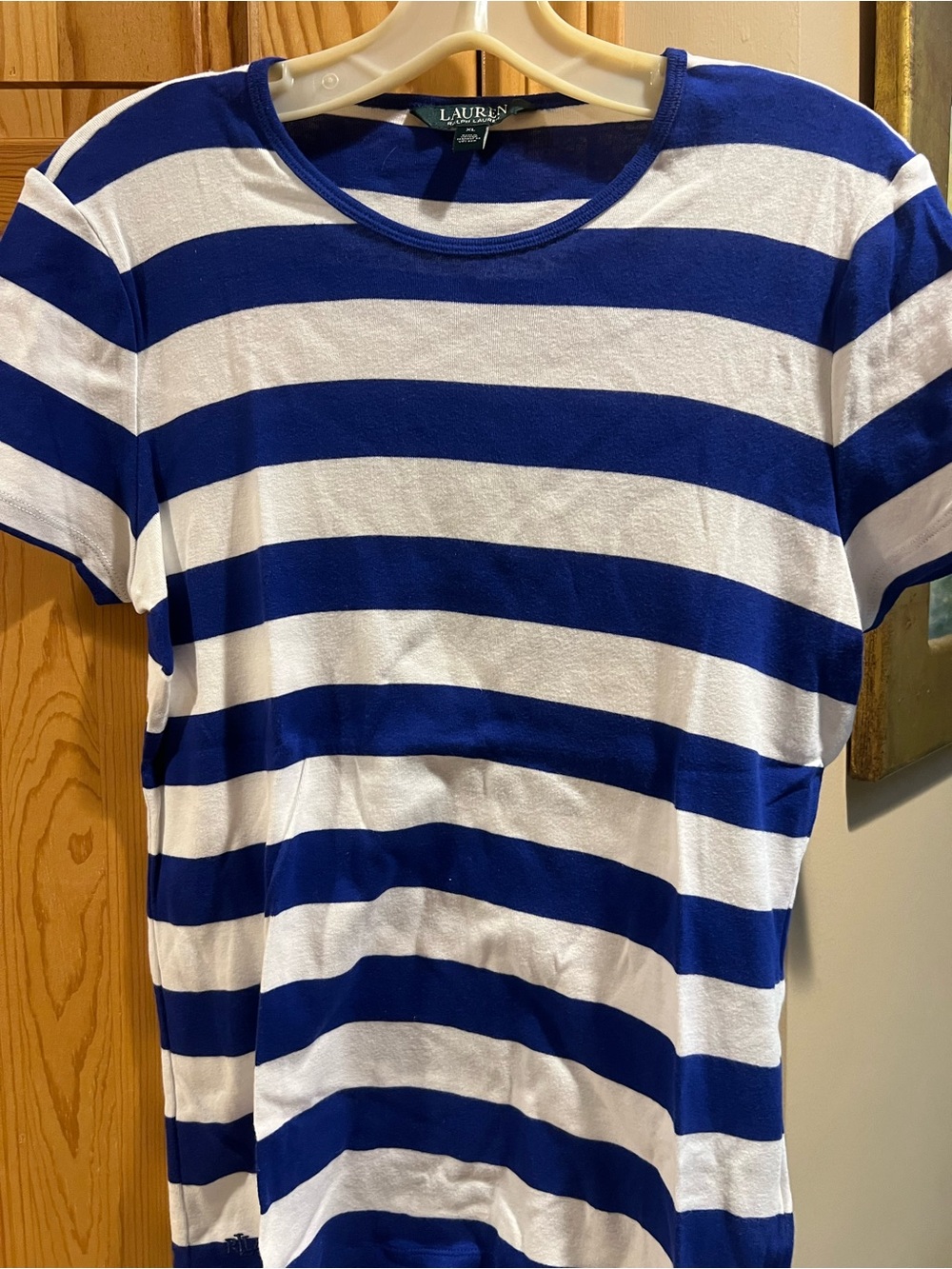 Lauren Ralph Lauren Royal Blue and White Wide Striped Short Sleeve Tee-XL-NWOT